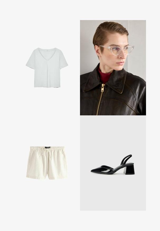 Svetlošedé tričko s krátkymi rukávmi a výstrihom do V, vyrobené z mäkkého materiálu; má uvoľnený strih a čisté stehy bez vzorov.; Svetlé krémové šortky s vertikálnymi modrými pruhmi, vyrobené z mäkkej látky, s elastickým pásom na šnúrku a bočnými vreckami.; Čierne lakované kožené sandálové podpätky s špicatou špičkou a geometrickým blokovým podpätkom. Disponujú elegantným, minimalistickým dizajnom a hladkým povrchom.; Priehľadné acetátové mačacie okuliare s žltými tónovanými sklami, ktoré nosí osoba v tmavej koženej bunde a červenom roláku. Hladký povrch.; Čierna kožená kabelka s zaobleným tvarom, odnímateľným popruhom a zlatými doplnkami. Kabelka má klopu s detailom s prackou.