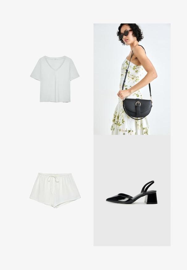 Lichtgrijze T-shirt met korte mouwen en V-hals, gemaakt van zacht materiaal; heeft een relaxte pasvorm en nette stiksels zonder patronen.; Witte katoenen shorts hebben een trekkoord in de taille, een losse fit en een zachte textuur. De zoom is recht, zonder aanvullende patronen of accenten.; Zwarte gepatineerde leren slingback hakken met een spitse neus en een geometrische blokhak. Kenmerkt zich door een slank, minimalistisch ontwerp en een gladde textuur.; Zwarte leren handtas met een gebogen vorm, afneembare schouderband en gouden hardware. De tas heeft een klep met een gespsluiting.