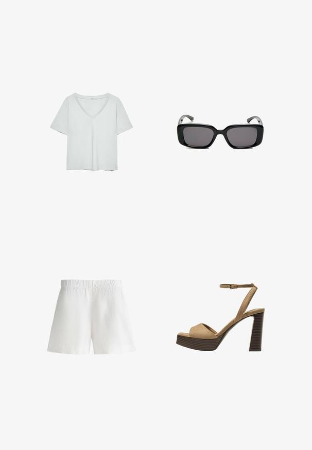 Ljust grå kortärmad T-shirt med V-ringning, tillverkad av mjukt material; har en avslappnad passform och rena sömmar utan mönster.; Vita shorts gjorda av lättviktsmaterial, med resårmidja och en avslappnad passform. Slät textur utan ytterligare mönster eller detaljer.; Beiga suède högklackade sandaler med ett brett framrem och ankelsrem, med en kraftig träblockklack med en strukturerad yta.; Svarta rektangulära solglasögon med mörka linser, slimmad plastbåge och böjda tempel. Designen är kraftig med en minimalistisk estetik.