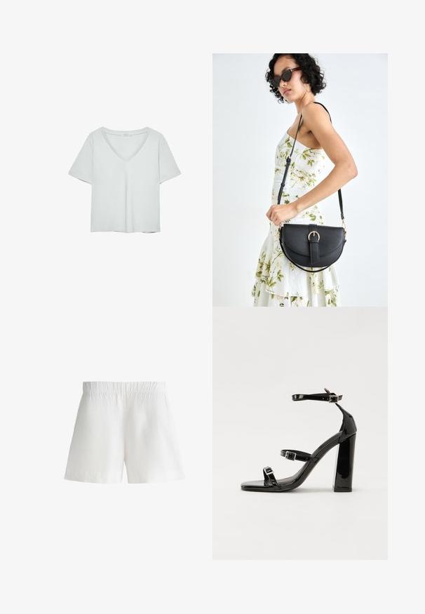 T-shirt grigio chiaro a maniche corte con scollatura a V, realizzato in materiale morbido; presenta una vestibilità rilassata e cuciture pulite senza motivi.; Pantaloni corti bianchi in tessuto leggero, con una fascia elastica in vita e una vestibilità rilassata. Texture liscia senza ulteriori motivi o dettagli.; Sandali con tacco alto in vernice nera con due cinturini con fibbia, punta quadrata e tacco spesso a blocco, caratterizzati da una texture liscia e lucida.; Borsa a tracolla nera in pelle con una forma curva, manico rimovibile e accessori dorati. La borsa presenta una patta con un dettaglio a fibbia.
