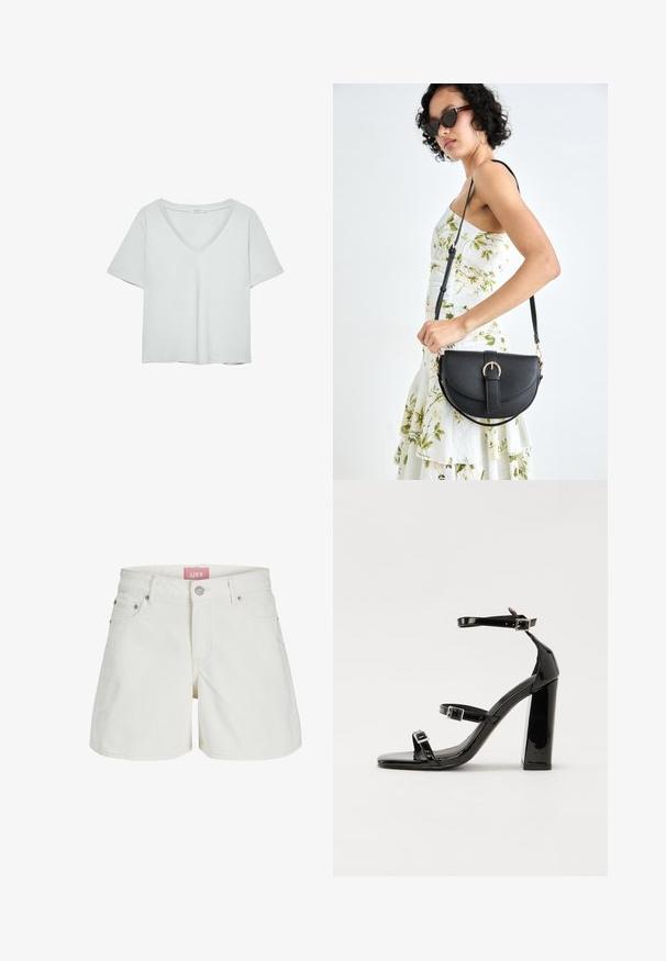 Vaaleanharmaa lyhythihainen T-paita, jossa on V-pääntie, valmistettu pehmeästä materiaalista; sisältää rentoa istuvuutta ja siistiä viimeistelyä ilman kuvioita.; Valkoiset farkkushortsit, joissa on keskikorkea vyötärö, viisi taskua ja vaaleanpunainen logotagi vyötäröllä. Klassinen nappi- ja vetoketjukiinnitys.; Musta kiiltäväpintainen korkokengät, joissa on kaksi solkikiinnitystä, neliönmuotoinen kärki ja paksu korko, sileällä, kiiltävällä pintarakenteella.; Musta nahkainen käsilaukku, joka on kaareva muotoilultaan, irrotettavalla hihnalla ja kultaisilla yksityiskohdilla. Laukussa on läppä, jossa on solk yksityiskohta.