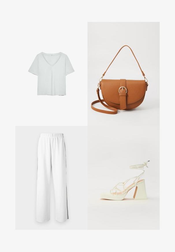 Lichtgrijze T-shirt met korte mouwen en V-hals, gemaakt van zacht materiaal; heeft een relaxte pasvorm en nette stiksels zonder patronen.; Witte wijde broek met een elastische tailleband en zwarte zijstrepen. Gemaakt van soepele stof, met een ontspannen, casual pasvorm.; Witte hoge hakken sandaal met een chunky hak, met een bandjesontwerp en enkelband. Gladde textuur met een plateau voor extra hoogte.; Bruine leren schoudertas met een gebogen vorm, gouden hardware en een gespaccent. Bevat een afneembare schouderriem.
