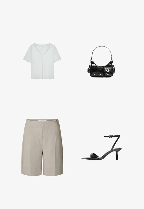 Lys grå kortærmet T-shirt med V-hals, lavet af blødt materiale; den har en afslappet pasform og ren syning uden mønstre.; Beige skræddersyede shorts med en glat tekstur, der har en flad front og sidelommer. Lavet af letvægtsstof for komfort.; Bershka Højhælede sandaletter / Højhælede sandaler - black; Sort patenteret læder håndtaske med en buet form, en skulderrem, frontlommer og hardware accenter i sølvfarve.