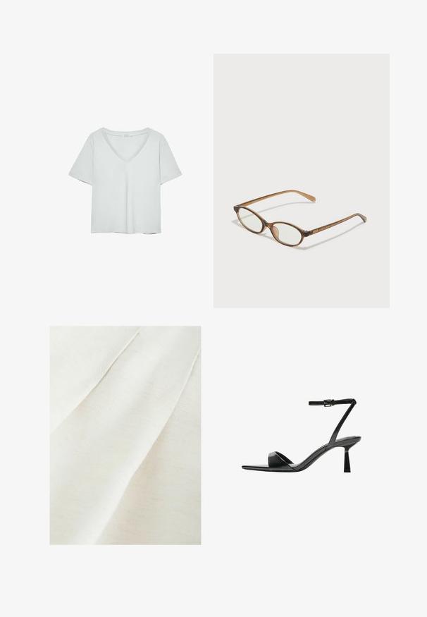 Svetlošedé tričko s krátkymi rukávmi a výstrihom do V, vyrobené z mäkkého materiálu; má uvoľnený strih a čisté stehy bez vzorov.; Textilná tkanina v off-white s jemnou textúrovanou väzbou, ktorá obsahuje subtílne záhyby a slabé škvrnky. Hladký, jemný povrch.; Bershka Sandále na vysokom opätku - black; Hnedé želvovinové okuliare s oválnymi sklíčkami, tenkými ramenami a priesvitnými akcentmi. Obsahujú jemný logo na stranici. Štýlový, ľahký dizajn.