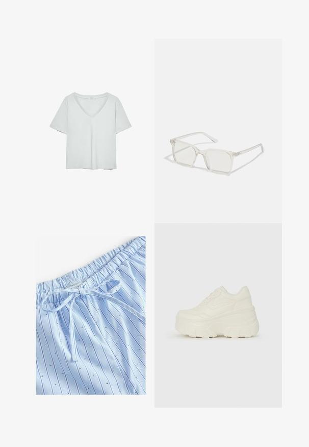 Lys grå kortærmet T-shirt med V-hals, lavet af blødt materiale; den har en afslappet pasform og ren syning uden mønstre.; Lyseblå pyjamashorts med lodrette striber og små reflekterende nitter. Elastisk talje med snor til justering.; Hvide platform sneakers med en glat læderlignende overdel, rund form, polstret krave og struktureret gummisål med definerede riller.; Klare plastiske briller med firkantet ramme og gennemsigtige linser, der har guld accenter på tempelstængerne for ekstra detaljer.; Beige håndtaske lavet af blødt materiale med et slouchy design, stikninger og to skulderremme. Velegnet til daglig brug.