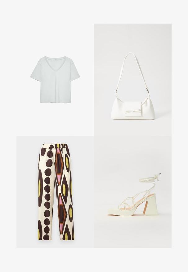 T-shirt grigio chiaro a maniche corte con scollatura a V, realizzato in materiale morbido; presenta una vestibilità rilassata e cuciture pulite senza motivi.; Pantaloni con vita elastica in tessuto leggero, caratterizzati da uno sfondo crema con grandi motivi geometrici marroni, gialli, rosa e arancioni.; Sandalo bianco con tacco alto, caratterizzato da un design a cinturini e un legaccio alla caviglia. Texture liscia con una piattaforma frontale per un'altezza aggiuntiva.; Borsa sintetica bianca a forma triangolare, con patta anteriore piatta e dettaglio a fiocco, tracolla regolabile, texture liscia e design minimalista.