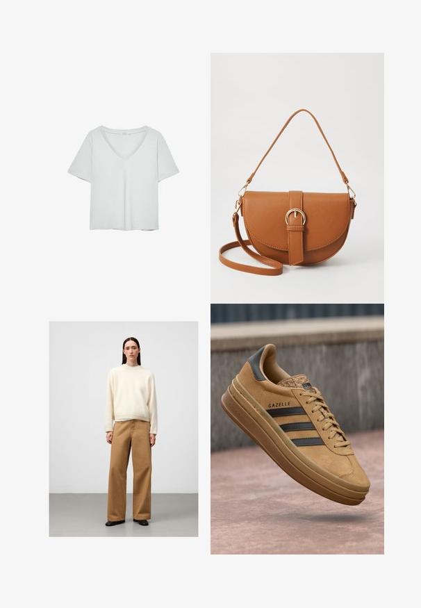 Lichtgrijze T-shirt met korte mouwen en V-hals, gemaakt van zacht materiaal; heeft een relaxte pasvorm en nette stiksels zonder patronen.; Crème trui gemaakt van een fluffy materiaal, gecombineerd met lichtbruine wijde broek. Eenvoudig ontwerp met minimale accenten. Zwarte schoenen maken de outfit compleet.; Tansuede sneakers met een gladde textuur, voorzien van drie donkere strepen, een ronde neus en een dikkere zool met een gemarmerde rand.; Bruine leren schoudertas met een gebogen vorm, gouden hardware en een gespaccent. Bevat een afneembare schouderriem.