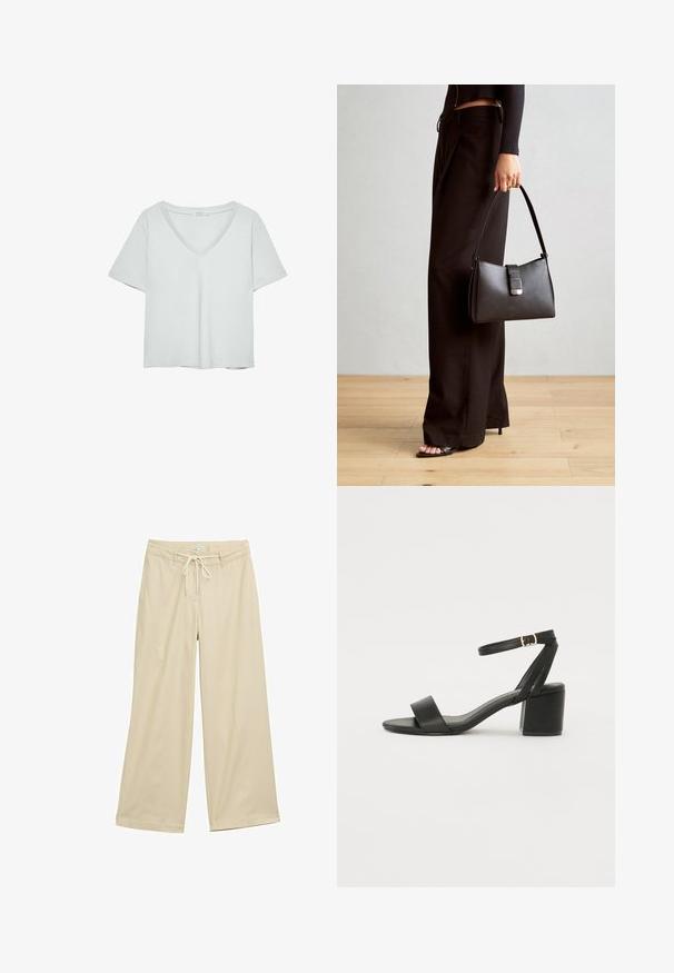 T-shirt gris clair à manches courtes avec un décolleté en V, fabriqué en matériau doux ; présente une coupe décontractée et des coutures nettes sans motifs.; Pantalons larges beiges avec une taille à cordon, fabriqués à partir d'un tissu léger. Présentent des rayures verticales discrètes et deux poches latérales.; Sandale à talons noirs avec un dessus en cuir lisse, une ouverture à l'avant, de larges brides avant et une bride de cheville ajustable avec une boucle dorée.; Sac à main noir à la forme structurée, texture lisse et fermoir métallique. Associé à un pantalon noir ample et des sandales ouvertes sur un sol en bois.
