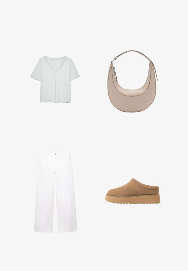 Svetlošedé tričko s krátkymi rukávmi a výstrihom do V, vyrobené z mäkkého materiálu; má uvoľnený strih a čisté stehy bez vzorov.; Biele denimové nohavice so širokými nohavicami, vyrobené z hladkej tkaniny. Majú uzáver na gombík a zips s dvoma prednými a dvoma zadnými vreckami.; Hnedé nazúvacie topánky s jemnou textúrou, zaoblenou špičkou a hrubou, ryhovanou podrážkou. Obsahujú jemné švy po stranách.; Béžová kožená taška cez rameno s polkruhovým tvarom, hladkou textúrou a jedným zakriveným uchom. Obsahuje zipsové uzatváranie a úhľadné švy.