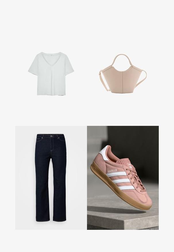 T-shirt grigio chiaro a maniche corte con scollatura a V, realizzato in materiale morbido; presenta una vestibilità rilassata e cuciture pulite senza motivi.; Jeans in denim blu scuro, design a gamba dritta, stile a cinque tasche, dettagli di cucitura sottili, chiusura con zip e bottone.; Sneaker in suede rosa con strisce bianche, suola in gomma, parte superiore testurizzata e logo sulla linguetta. Design classico a bassa cima.; Borsa in pelle beige con una forma unica, caratterizzata da due manici corti e una lunga tracolla regolabile. Texture liscia con hardware minimale.