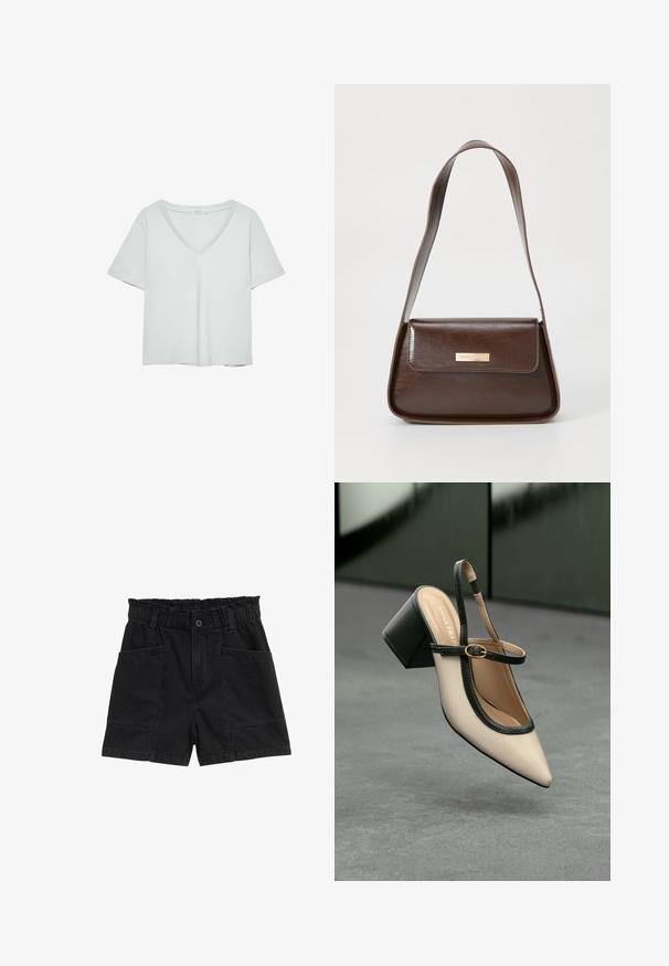 Hellgraues T-Shirt mit kurzen Ärmeln und V-Ausschnitt, aus weichem Material gefertigt; verfügt über eine lockere Passform und saubere Nähte ohne Muster.; Schwarze Jeansshorts mit elastischem Bund, zwei Fronttaschen und sichtbaren Nähten. Funktionale Knopfdetails an der Vorderseite.; Beige Slingback-Schuh mit spitzer Zehenpartie, schwarzer Umrandung, goldener Schnalle und dicker Blockabsatz auf grauem Boden vor dunklem grünen Hintergrund.; Braune Lederschultertasche mit strukturierter Form, ausgestattet mit einem magnetischen Klappenverschluss und einem metallischen Logoakzent auf der Vorderseite.