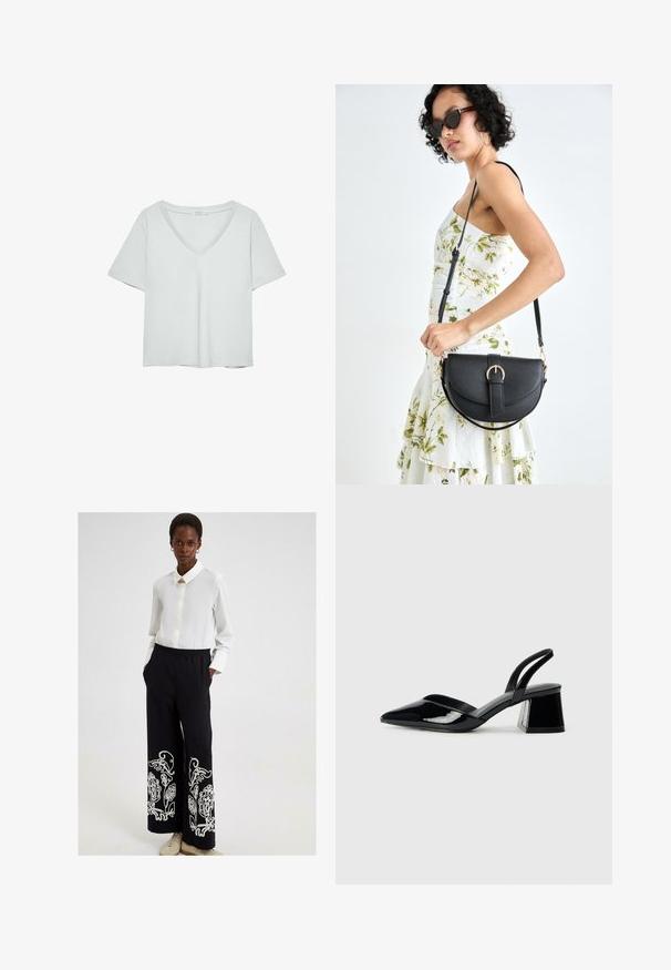 Vaaleanharmaa lyhythihainen T-paita, jossa on V-pääntie, valmistettu pehmeästä materiaalista; sisältää rentoa istuvuutta ja siistiä viimeistelyä ilman kuvioita.; Touché Privé EMBROIDERED - Housut - black; Mustat patentoitu nahkakengät, joissa on säären takaosa ja terävä kärki, sekä geometrinen palikkakorko. Sisältää tyylikkään, minimalistisen muotoilun ja sileän pinnan.; Musta nahkainen käsilaukku, joka on kaareva muotoilultaan, irrotettavalla hihnalla ja kultaisilla yksityiskohdilla. Laukussa on läppä, jossa on solk yksityiskohta.