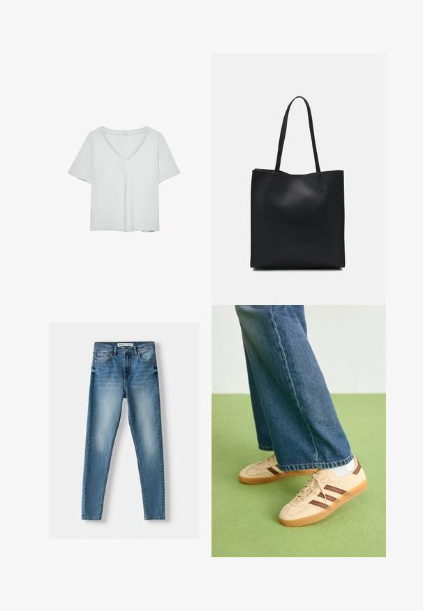 Ljust grå kortärmad T-shirt med V-ringning, tillverkad av mjukt material; har en avslappnad passform och rena sömmar utan mönster.; Blå denim skinny jeans med fem fickor, en dragkedja och en slitstark look med ljus blekning framtill och distinkt sömnad.; Beiga sneakers med strukturerade krämfärgade paneler och bruna ränder, i kombination med blå denimjeans. Jeansarna har vida ben och fransad fåll.; Svart lädertoffelväska med slät textur, rektangulär form och två långa handtag. Ingen synlig hårdvara eller dekorationer.