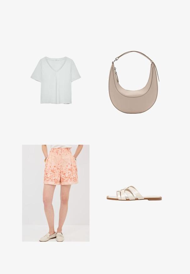 Ljust grå kortärmad T-shirt med V-ringning, tillverkad av mjukt material; har en avslappnad passform och rena sömmar utan mönster.; Blommönstrade shorts i korallfärg med veck och upprullade kanter. Tillverkade av ett lätt material och har två sidofickor för bekvämlighet.; Platta sandaler med en brun gummisula, designade med tre överlappande vita läderspännen och en liten rosett i mitten.; Beige läderaxelväska med en halvmåneform, slät yta och ett enda böjt handtag. Har dragkedjestängning och snygg sömnad.