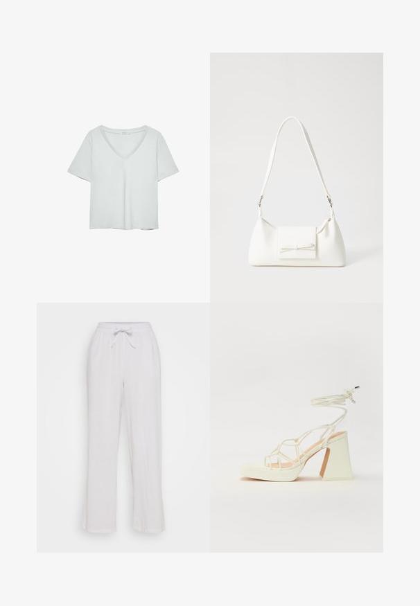 Vaaleanharmaa lyhythihainen T-paita, jossa on V-pääntie, valmistettu pehmeästä materiaalista; sisältää rentoa istuvuutta ja siistiä viimeistelyä ilman kuvioita.; Valkoiset pellavahousut, joissa on naru vyötäröllä. Rentoa istuvuutta ja suorat lahkeet. Sulava pinta, ei näkyviä kuvioita tai yksityiskohtia.; Valkoinen korkokenkä, jossa on paksu korko, ja joka sisältää nauhakiinnityksen ja nilkkaketjun. Sujuva pinta, jossa on platform-etupohja lisäkorkeutta varten.; Valkoinen synteettinen käsilaukku, jossa on kolmikulmainen muoto, tasainen etu läppä ja nauhadetail, säädettävä olkahihna, sileä rakenne ja minimalinen muotoilu.