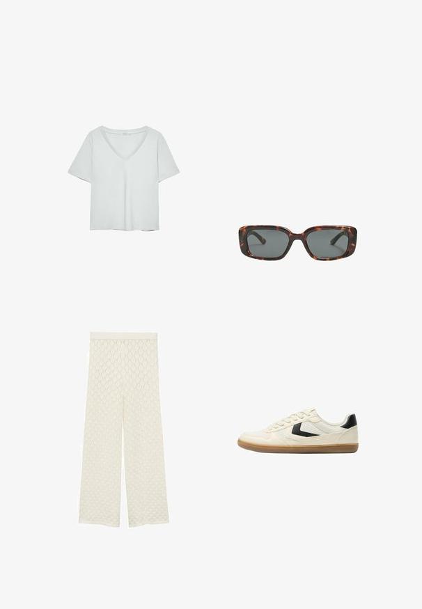 Svetlošedé tričko s krátkymi rukávmi a výstrihom do V, vyrobené z mäkkého materiálu; má uvoľnený strih a čisté stehy bez vzorov.; Krémové široké nohavice s textúrovanou tkaninou v diamantovom vzore. Majú hladký pás a voľný, vzdušný strih.; Bershka Tenisky - white; Rámiky slnečných okuliarov v štýle korytnačiny s obdĺžnikovými šošovkami, hrubými rámami a tmavými tónovanými šošovkami. Hladký povrch a minimalistický dizajn.
