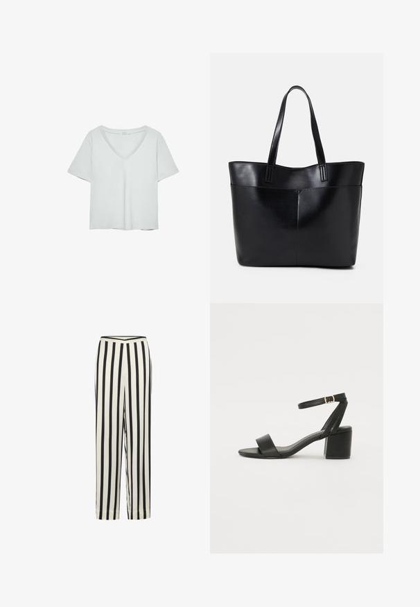 Jasnoszary T-shirt z krótkim rękawem i dekoltem w serek, wykonany z miękkiego materiału; charakteryzuje się luźnym krojem i starannym wykończeniem bez wzorów.; Czarno-białe spodenki w paski z prostym krojem nogawki i elastycznym paskiem w talii. Wykonane z lekkiego materiału o gładkiej fakturze.; Czarne sandały na obcasie z gładkiej skóry, z odkrytymi palcami, szerokimi przednimi paskami oraz regulowanym paskiem na kostkę z detalem w postaci złotego zapięcia.; Czarna skórzana torba na ramię z dwoma długimi uchwytami, gładką teksturą i sztywną formą. Posiada przednią kieszeń dla dodatkowego przechowywania.
