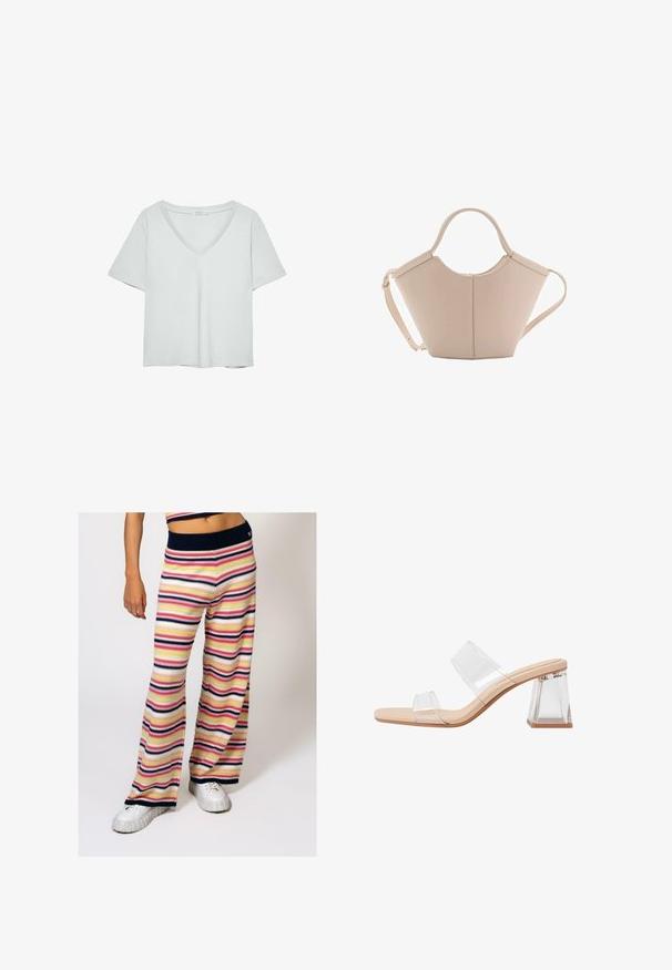 Hellgraues T-Shirt mit kurzen Ärmeln und V-Ausschnitt, aus weichem Material gefertigt; verfügt über eine lockere Passform und saubere Nähte ohne Muster.; Gestreifte Strick-Hose mit weitem Bein in horizontalen Streifen in Pink, Gelb, Marineblau und Weiß, mit einem Marineblauen Rippbund und weichem Material.; Transparente Sandalen mit Absatz, die zwei klare Riemen, eine beige Sohle und einen geometrischen klaren Blockabsatz aufweisen. Minimalistisches Design mit glatter Textur.; Beige Lederhandtasche mit einer einzigartigen Form, die zwei kurze Henkel und einen langen verstellbaren Riemen aufweist. Glatte Textur mit minimalen Hardware-Elementen.