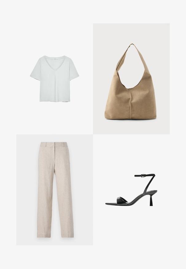 Vaaleanharmaa lyhythihainen T-paita, jossa on V-pääntie, valmistettu pehmeästä materiaalista; sisältää rentoa istuvuutta ja siistiä viimeistelyä ilman kuvioita.; Beige pellava-housut suoran lahkeen muotoilulla, korkealla vyötäröllä ja hienovaraisella tekstuurilla. Ei näkyviä taskuja tai koristeita.; Bershka Korolliset sandaalit - black; Hobo-laukku pehmeästä beige-suedesta, jossa on löysä muoto, leveä olkahihna ja käsinommeltu sauma edessä.