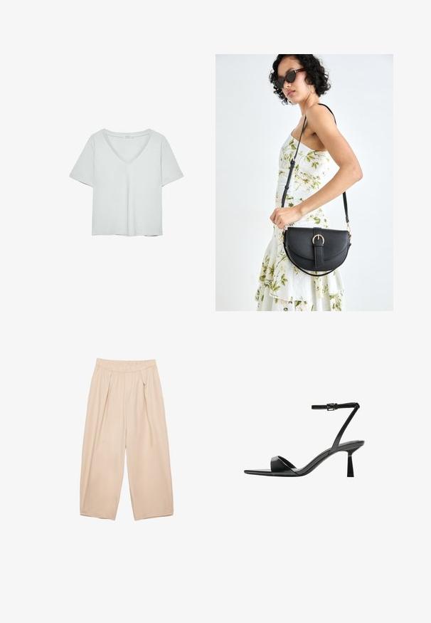 Light gray short-sleeve T-shirt with a V-neckline, made from soft material; features a relaxed fit and clean stitching with no patterns.; Beige wide-leg pants with an elastic waistband, featuring front pleats and a smooth, lightweight fabric. No visible pockets or patterns.; Bershka High heeled sandals - black; Black leather handbag with a curved shape, detachable strap, and gold hardware. The bag features a flap with a buckle detail.