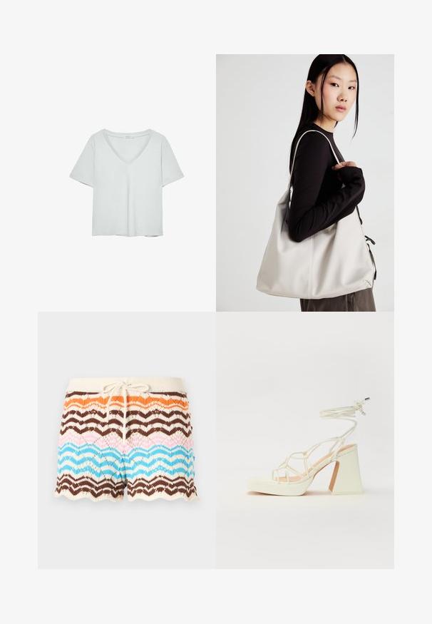 Light gray short-sleeve T-shirt with a V-neckline, made from soft material; features a relaxed fit and clean stitching with no patterns.; Knit shorts featuring a wave pattern in shades of orange, brown, pink, and blue, with a cream waistband and a drawstring. Scalloped hem.; White high-heeled sandal with a chunky heel, featuring a strappy design and ankle tie. Smooth texture with a platform front for added height.; Beige handbag made of soft material, featuring a slouchy design, stitched detailing, and two shoulder straps. Suitable for everyday use.