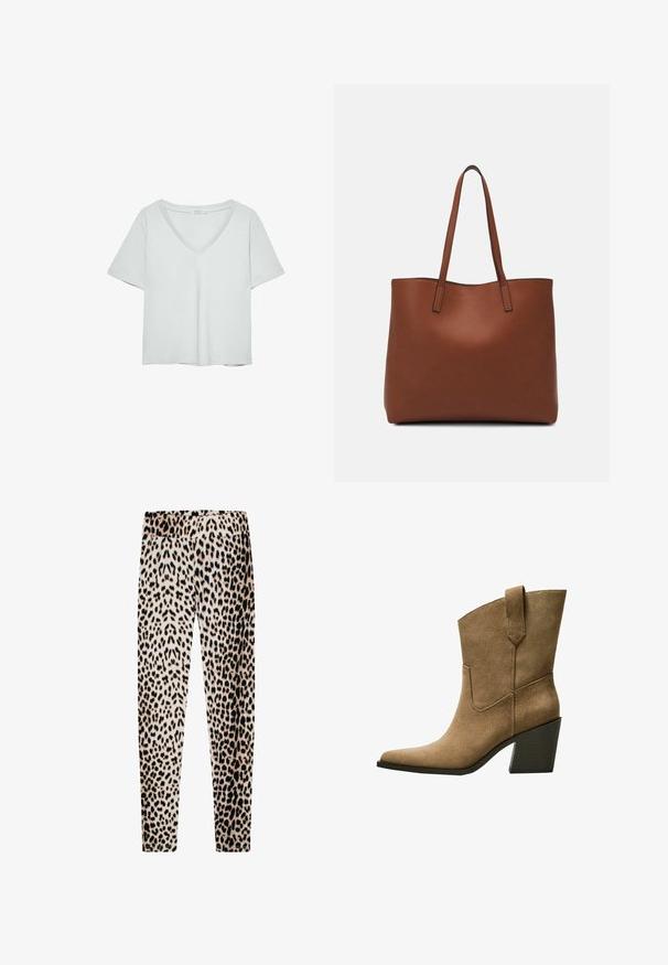 T-shirt grigio chiaro a maniche corte con scollatura a V, realizzato in materiale morbido; presenta una vestibilità rilassata e cuciture pulite senza motivi.; Leggings in stampa leopardata realizzati in tessuto morbido, dotati di un elastico in vita, gambe lunghe e sottili, con una combinazione di motivi beige, neri e marroni.; Stivali da cowboy in suede marrone con punta affusolata, caratterizzati da un tacco a blocco di altezza media e da una semplice cucitura lungo le cuciture laterali.; Borsa tote in pelle marrone con texture liscia, design con apertura superiore e due spallacci. Presenta cuciture minime e nessun hardware visibile.