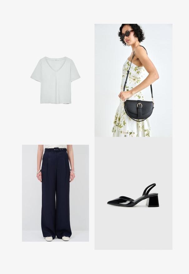 Vaaleanharmaa lyhythihainen T-paita, jossa on V-pääntie, valmistettu pehmeästä materiaalista; sisältää rentoa istuvuutta ja siistiä viimeistelyä ilman kuvioita.; Laivaston siniset korkeavyötäröiset leveälahkeiset housut, joissa on vyö, taitteet ja sileä kankaan rakenne. Yhdistetty vaaleanvärisiin kenkiin.; Mustat patentoitu nahkakengät, joissa on säären takaosa ja terävä kärki, sekä geometrinen palikkakorko. Sisältää tyylikkään, minimalistisen muotoilun ja sileän pinnan.; Musta nahkainen käsilaukku, joka on kaareva muotoilultaan, irrotettavalla hihnalla ja kultaisilla yksityiskohdilla. Laukussa on läppä, jossa on solk yksityiskohta.