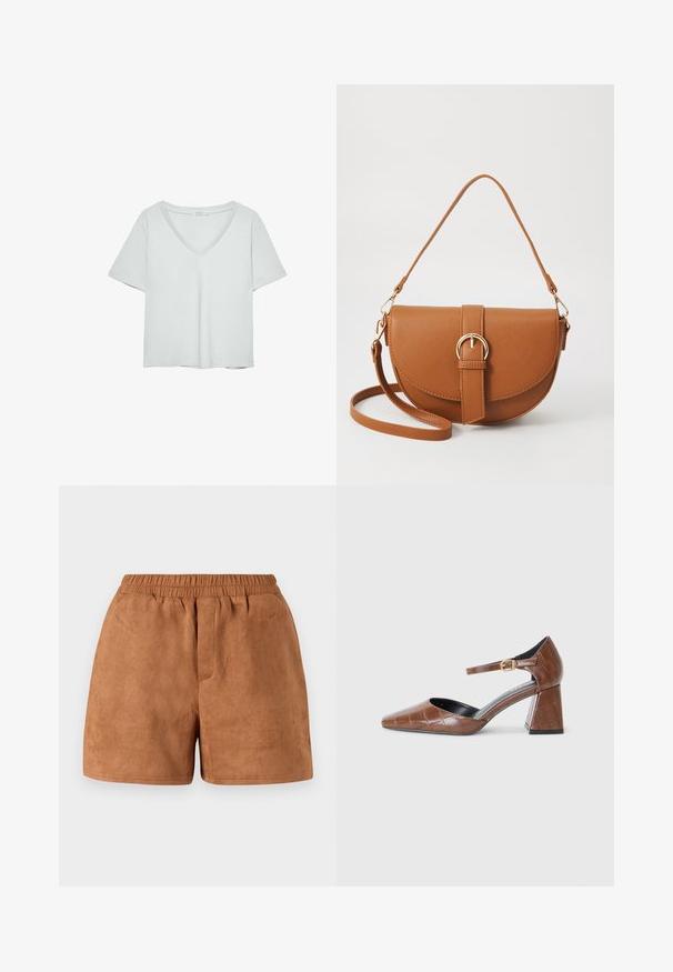 Svetlošedé tričko s krátkymi rukávmi a výstrihom do V, vyrobené z mäkkého materiálu; má uvoľnený strih a čisté stehy bez vzorov.; Hnedé semišové šortky s elastickým pásom, s uvoľneným strihom a hladkou textúrou. Jednoduchý dizajn, vhodné na neformálne nosenie.; Hnedé lakované lodičky so štvrtým prstom, textúrovaný krokodílový vzor, členkový remienok so zlatou prackou a hrubým podpätkom.; Hnedá kožená kabelka cez telo s zakriveným tvarom, zlatými kovovými doplnkami a akcentom s prackou. Obsahuje odnímateľný ramenný popruh.