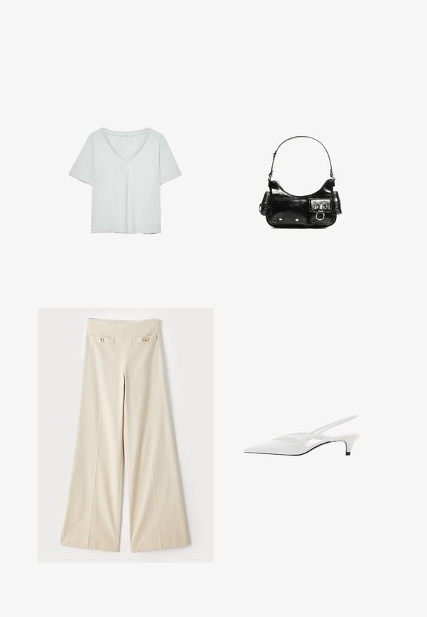 Jasnoszary T-shirt z krótkim rękawem i dekoltem w serek, wykonany z miękkiego materiału; charakteryzuje się luźnym krojem i starannym wykończeniem bez wzorów.; Beżowe spodnie szerokie w nogawkach z wysokim stanem, z dwoma ozdobnymi kieszeniami z przodu i złotymi guzikami po obu stronach. Gładka faktura materiału.; Biała szpilka na odkrytej pięcie z ostrym noskiem, charakteryzująca się gładką cholewką, subtelnymi wycięciami i niskim obcasem w kształcie bloku. Czarna podeszwa podkreśla design.; Czarna torebka z lakierowanej skóry o zaokrąglonym kształcie, z jednym paskiem na ramię, przednimi kieszeniami i akcentami w kolorze srebrnym.