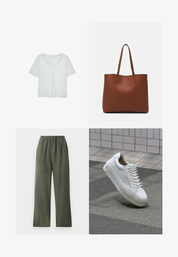 Svetlošedé tričko s krátkymi rukávmi a výstrihom do V, vyrobené z mäkkého materiálu; má uvoľnený strih a čisté stehy bez vzorov.; Zelené široké nohavice vyrobené z mäkkej tkaniny s elastickým pásom. Majú hladkú textúru a jednoduchý, minimalistický dizajn.; Biele kožené tenisky s nízkym strihom, plochými šnúrkami, zaoblenou špicou a textúrovanými stranami. Hrubá gumová podrážka s jemnými akcentmi.; Hnedá kožená taška na rameno s hladkou textúrou, otvoreným vrchom a dvoma ramenými popruhmi. Má minimálne šitia a žiadne viditeľné kovania.