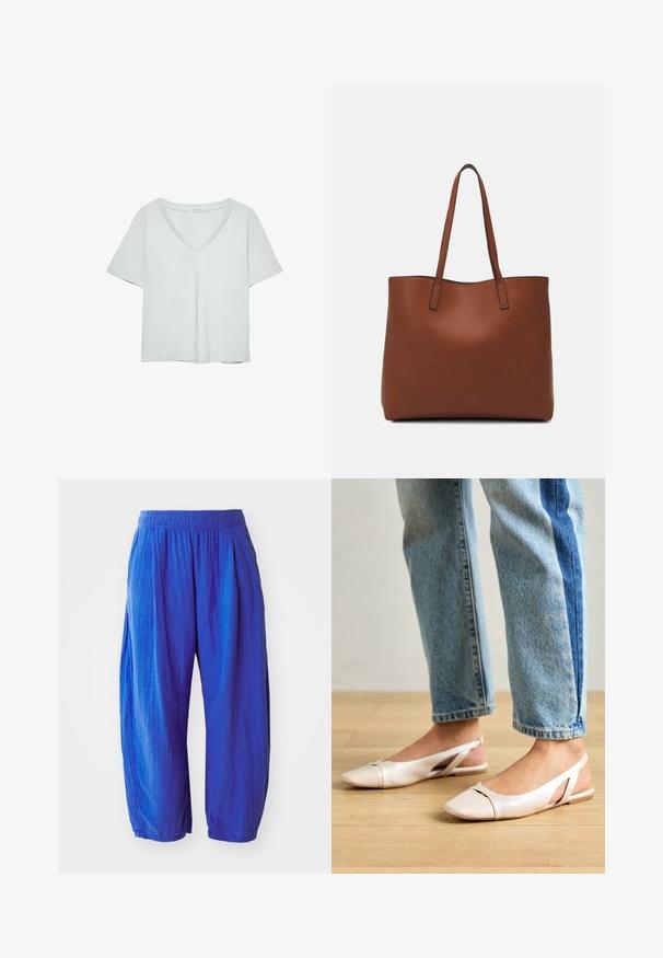 Svetlošedé tričko s krátkymi rukávmi a výstrihom do V, vyrobené z mäkkého materiálu; má uvoľnený strih a čisté stehy bez vzorov.; GAP WIDE LEG EASY PANT GAUZE - Nohavice - dazzling blue; Svetloružové slingback baleríny s jemne špicatou špičkou, vyrobené z hladkého materiálu pripomínajúceho kožu. Majú výrezové detaily na stranách a plochý opätok.; Hnedá kožená taška na rameno s hladkou textúrou, otvoreným vrchom a dvoma ramenými popruhmi. Má minimálne šitia a žiadne viditeľné kovania.