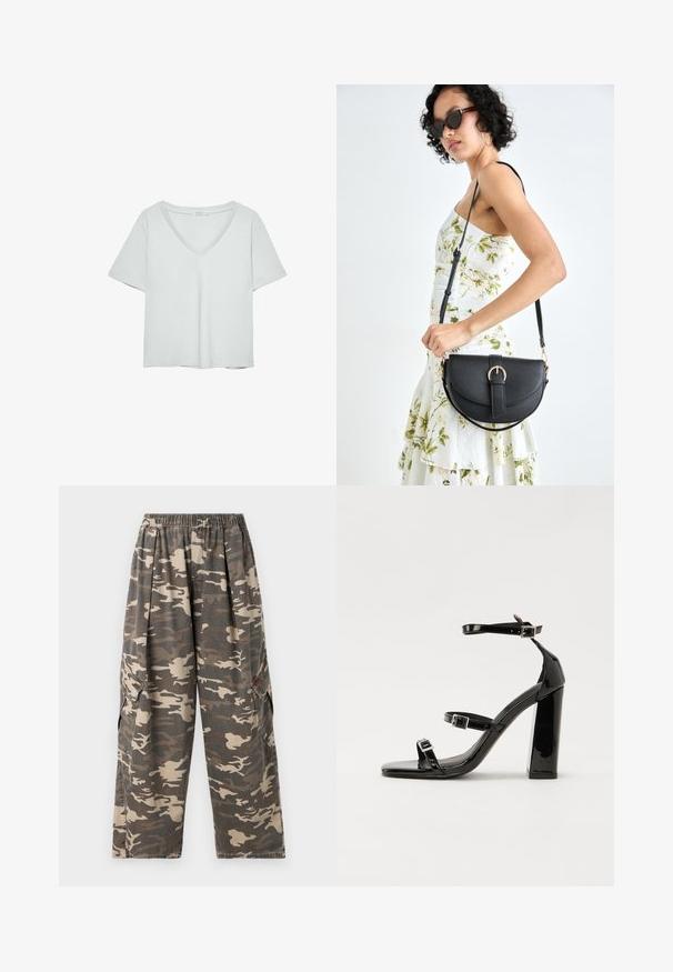 Hellgraues T-Shirt mit kurzen Ärmeln und V-Ausschnitt, aus weichem Material gefertigt; verfügt über eine lockere Passform und saubere Nähte ohne Muster.; BDG Urban Outfitters BOBBI - Cargohose - camo; Schwarze Lackleder-Sandalen mit hohen Absätzen, zwei Riemen mit Schnallen, quadratischer Zehenpartie und klobigem Blockabsatz, mit einer glatten, glänzenden Textur.; Schwarze Lederhandtasche mit geschwungener Form, abnehmbarem Tragegurt und goldenen Beschlägen. Die Tasche verfügt über einen Deckel mit einer Schnallen-Details.