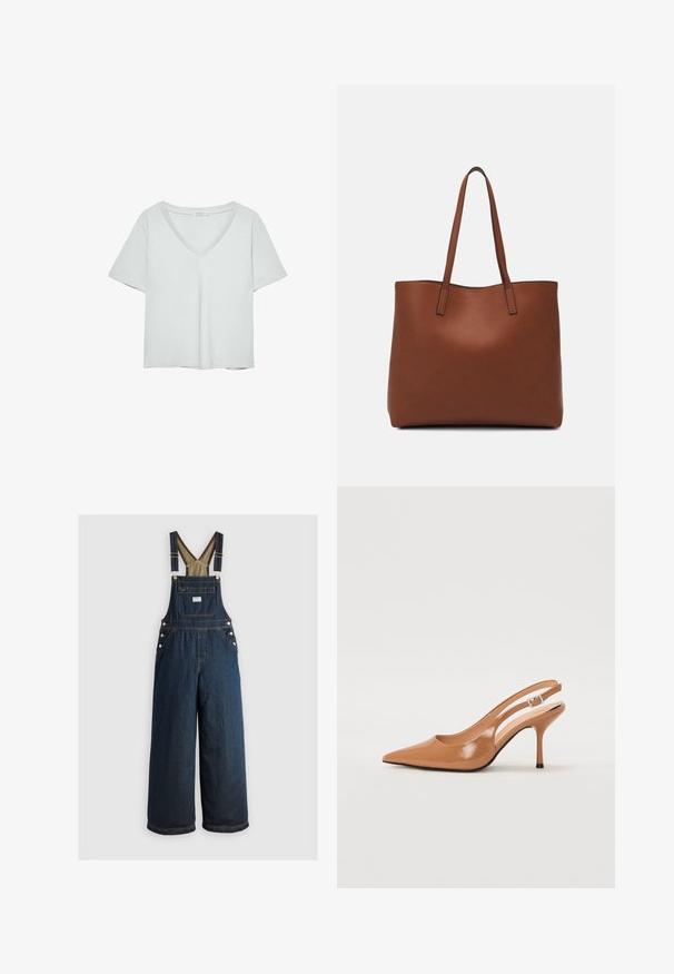Jasnoszary T-shirt z krótkim rękawem i dekoltem w serek, wykonany z miękkiego materiału; charakteryzuje się luźnym krojem i starannym wykończeniem bez wzorów.; Granatowe ogrodniczki z szerokimi nogawkami, regulowanymi ramiączkami i guzikami. Posiadają kieszeń z przodu oraz jednolitą, gładką fakturę.; Sandały na obcasie z kwadratowym noskiem, wykonane z gładkiego, błyszczącego materiału w kolorze brązowym. Charakteryzują się zaokrąglonym wycięciem i smukłym obcasem typu stiletto. Detal w postaci srebrnej klamry.; Brązowa skórzana torba tote o gładkiej fakturze, z otwartym wierzchem i dwoma ramiączkami. Charakteryzuje się minimalnym przeszyciem i brakiem widocznych elementów metalowych.