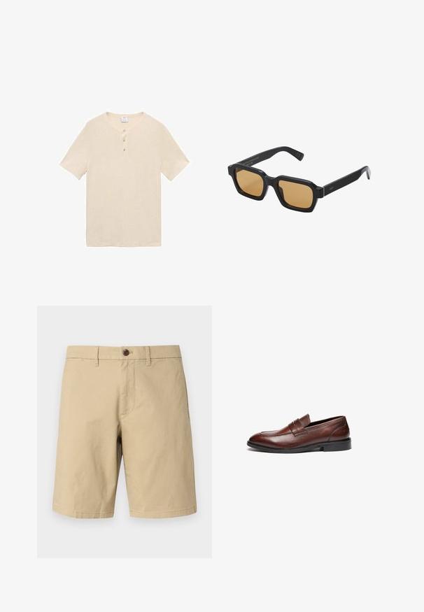 Vaaleanbeige lyhythihainen henley-paita, joka on valmistettu pehmeästä kankaasta. Paidassa on pyöreäkaulus, kolme nappia ja suora helma.; GAP VINTAGE - Shortsit - khaki; Ruske nahkatohtori preppikojoilla, joissa on sileä pinta, pyöreä kärki, koristeellinen hihna ja musta kumipohja. Sisältää vähäisiä ompelutietoja.; Epäonnistui luomaan alt-tekstiä; Kangasolku off-white värviga, millel on lühikesed käepidemed ja prinditud tekst "LES DEUX" mustade paksude tähtedega. Vastupidav, lihtne disain.