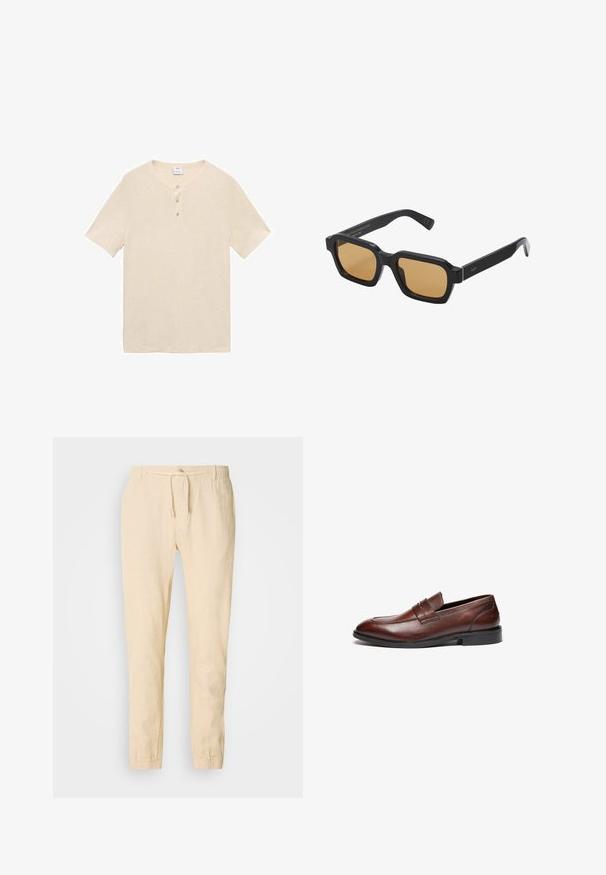 Svetlo béžová polokošeľa s krátkym rukávom vyrobená z mäkkého materiálu, s okrúhlym golierom, tromi gombíkmi a rovnými okrajmi.; Svetlé béžové ľanové nohavice s elastickým pásom a stiahnutím, zúžené nohavice s elastickými manžetami. Jednoduchý dizajn s jemnou textúrou.; Hnedé kožené loafers s hladkým povrchom, zaoblenou špičkou, dekoratívnym pásikom a čiernou gumovou podrážkou. Obsahuje minimálny detail šitia.; Neúspešne sa podarilo vygenerovať alt-text.; Bavlnená taška v off-white farbe s krátkymi rúčkami a potlačeným textom "LES DEUX" v tučných čiernych písmenách. Odolný, jednoduchý dizajn.