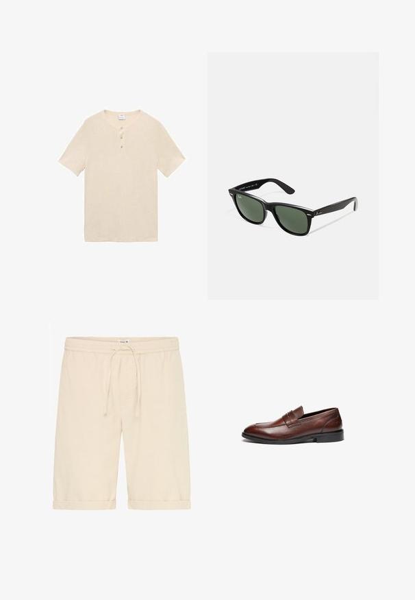 Cămașă henley cu mâneci scurte, de culoare bej deschis, confecționată dintr-un material moale, având un guler rotunjit, trei nasturi și un tiv drept.; Pantaloni scurți din bumbac bej cu talie elastică, șnur reglabil și tiv răsucit, stilați pentru ținute casual.; Mocasini din piele maro cu o finisare netedă, vârf rotund, curea decorativă și talpă din cauciuc negru. Prezintă detalii de cusătură minime.; Ochelari de soare din plastic negru cu lentile verzi, rame pătrate, accent argintiu pe sprânceană și brațe texturate. Marca este menționată pe brațul interior.; Geantă din pânză de culoare albă, având mânere scurte și textul imprimat "LES DEUX" în litere mari, negre. Design durabil și simplu.