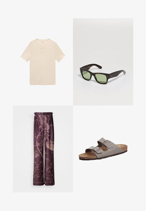 Světle béžová polokošile s krátkým rukávem vyrobená z měkké tkaniny, s oblečeným límcem, třemi knoflíky a rovnou spodní částí.; Fialové kalhoty s širokými nohavicemi a potiskem mapy v světlejší barvě. Vyrobené z hladkého materiálu, s skladbami a elastickým pasem.; Šedé sandály na dvou popruzích s korkovou stélkou a gumovou podrážkou. Mají nastavitelné kovové přezky a hladký svrchní materiál.; Hnědé želvovinové sluneční brýle se zelenými čočkami, čtvercový tvar a kovové akcenty. Obsahují logo na levém rameni. Matný povrch.; Plátěná taška v krémové barvě, s krátkými uchy a potištěným textem "LES DEUX" tučnými černými písmeny. Odolný, jednoduchý design.