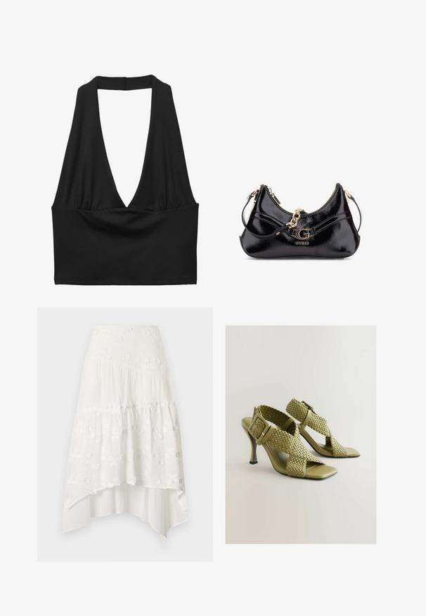 Schwarzes ärmelloses Crop-Top mit tiefem V-Ausschnitt, gerafftem Stoffdetail und glatter Textur. Einfaches Design, ohne Verzierungen.; Weißer, gestufter Rock mit floraler Stickerei. Verfügt über einen taillierten Bund und fließenden, geschichteten Stoff, der einen asymmetrischen Saum kreiert.; Grüne, gewebte Absatzsandalen mit verstellbarem Schnallenverschluss, quadratischer offener Zehenpartie und glatter Sohle. Sie verfügen über einen eleganten, schlanken High Heel und strukturierte Riemen.; Schwarze Lackledertasche mit geschwungenem Design, goldenen Hardware-Akzenten und einem auffälligen Logo. Inklusive abnehmbarem Schultergurt.
