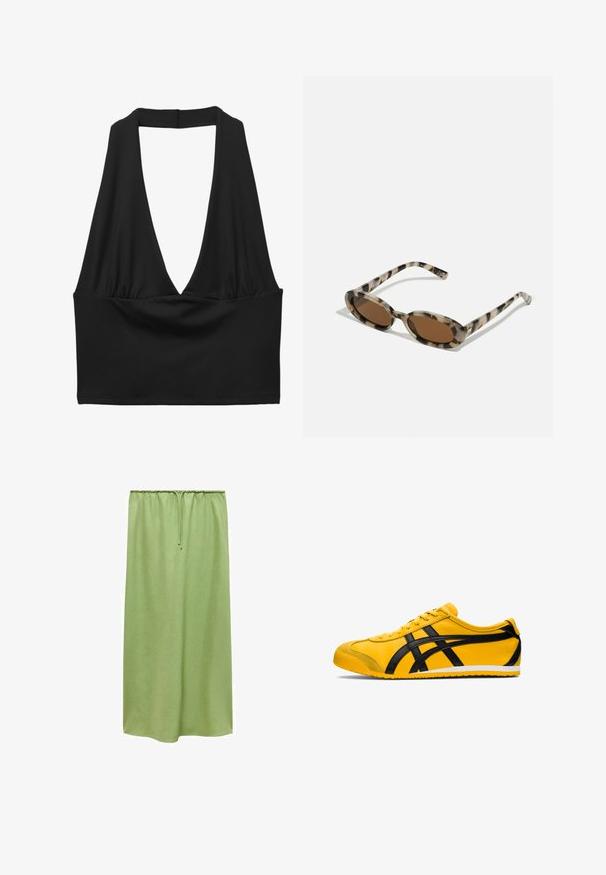 Zwart mouwloos cropped top met een diep V-halsontwerp, geplooide stofdetail en een gladde textuur. Eenvoudig ontwerp, zonder versieringen.; Mango Maxirok - light green; Gele sportieve schoen met zwarte accenten, gladde leren textuur, gebogen ontwerp, ronde teen, platte witte zool en opvallende branding aan de zijkant.; schildpadsonnenbril met ovale glazen, bruine tint en dunne patroonzijkanten. Lichtgewicht kunststof materiaal met subtiele gouden accenten.