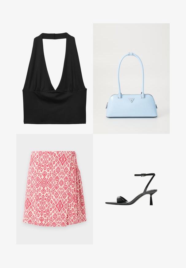 Top scurt negru fără mâneci cu decolteu adânc în V, detalii cu material plisat și textură netedă. Design simplu, fără embellishments.; Fustă în crem cu un model geometric roz. Prezintă un detaliu de legătură pe lateral și un design evazat pentru o potrivire lejeră. Textură de țesătură netedă.; Bershka Sandale cu toc - black; Geantă de mână bleu deschis, cu o formă structurată, din piele netedă, două mânere și un logo de brand triunghiular pe față. Închidere cu fermoar.