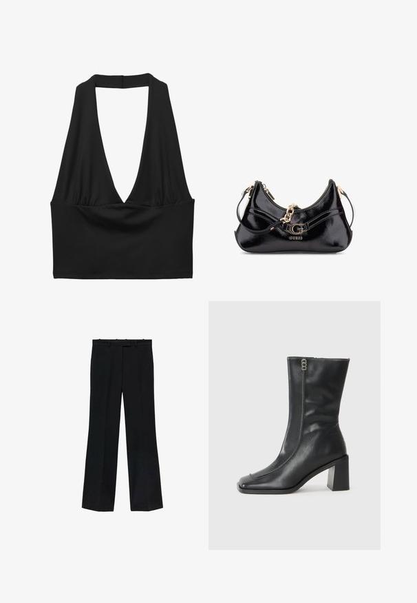 Černý bezrukávový crop top s hlubokým výstřihem do V, s nařasenými detaily a hladkou texturou. Jednoduchý design, bez ozdob.; Černé kalhoty se střihy rovného nohavice, vyrobené z hladkého materiálu. Mají pas s poutky na pásek a bez viditelných znaků nebo zdobení.; Černá kožená kotníková bota se čtveratou špičkou, bočním zipem a robustním čtvercovým podpatkem. Obsahuje kontrastní prošívání podél předního švu.; Lístkový kabelka z černého lakovaného kůže s klenutým designem, zlatými kovovými doplňky a výrazným logem. Obsahuje odnímatelný popruh na rameno.