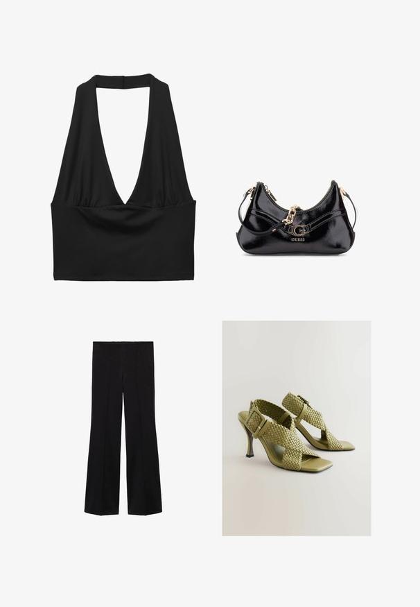 Crni bez rukava kratki top s dubokim V-izrezom, skupljenim detaljem od tkanine i glatkom teksturom. Jednostavan dizajn, bez ukrasa.; Crne hlače visokog struka širokih nogavica s detaljima šava sprijeda, napravljene od glatkog materijala.; Zelene tkanine sandale s petom s podesivim kopčanjem, kvadratnim otvorenim prstima i glatkom đonom. Imaju elegantnu, vitku visoku petu i teksturirane trake.; Crna torba od lakirane kože s zakrivljenim dizajnom, zlatnim mekim detaljima i istaknutim logom. Uključuje odvojivu naramenicu.