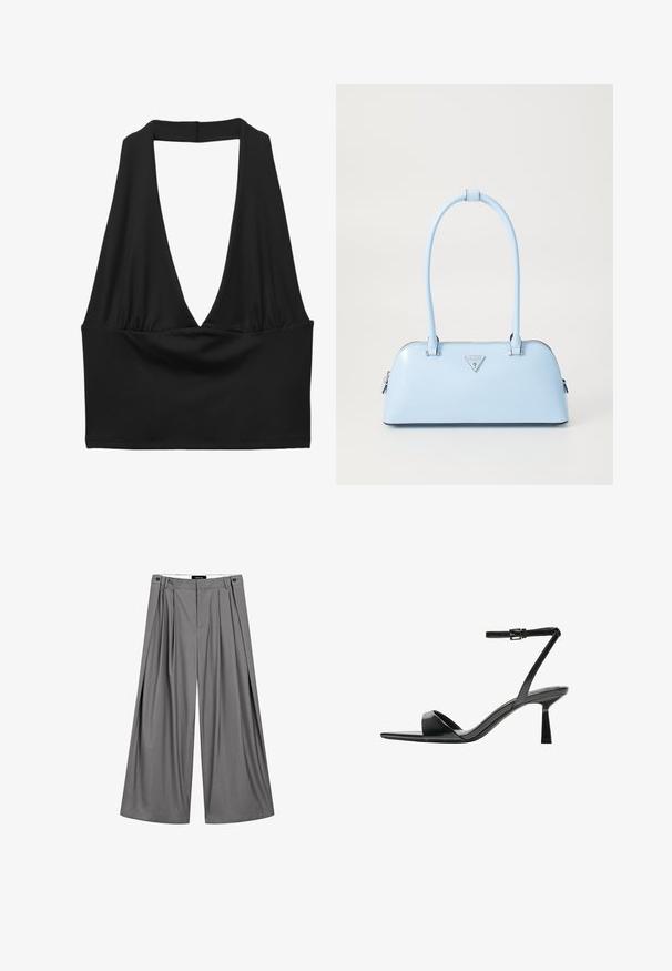 Black sleeveless crop top with a deep V-neckline, gathered fabric detail, and smooth texture. Simple design, without embellishments.; Massimo Dutti FLOWING WITH DARTS - Trousers - grey; Bershka High heeled sandals - black; Light blue handbag with a structured shape, smooth leather material, two handles, and a triangular brand logo on the front. Zippered closure.