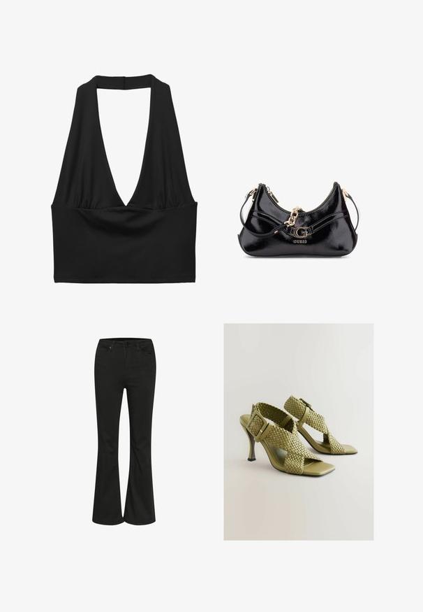 Čierny crop top bez rukávov s hlbokým V-výstrihom, s detailom zhojdenej tkaniny a hladkou textúrou. Jednoduchý dizajn, bez ozdôb.; Čierne rozšírené džínsy s hladkou textúrou, s klasickým dizajnom piatich vreciek a kovovým zapínaním na gombík. Prispôsobené na obopnutý pás.; Zelené tkané sandále na vysokom podpätku s nastaviteľnou prackou, štvorcovým otvoreným špičkou a hladkou podrážkou. Obsahujú elegantný, štíhly vysoký podpätok a textúrované remene.; Čierna lakovaná kožená taška s zakriveným dizajnom, zlatými kovovými detailami a výrazným logom. Obsahuje odnímateľný ramenný popruh.