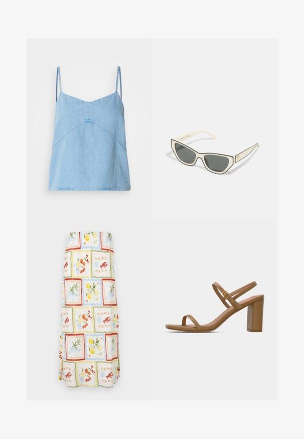 Svijetloplava traper toplina bez rukava s tankim trakama, V-izrezom i geometrijskim šavovima. Mekana tekstura i blago opušteni kroj.; Maxi suknja od lagane tkanine s živopisnim višestrukim uzorcima, uključujući voće i obalne prizore u pastelnim bojama i teksturiranim naglascima.; Svijetlosmeđi sandali na petu s dva tanka remena i kvadratnom blok-petom. Glatki materijal s minimalnim dizajnom i malim zlatnim kopčanjem.; Mačkaste sunčane naočale s off-white okvirom, tamnosivim staklima i crnim detaljima. Sadrže zlatni logo na dršku. Mat tekstura.; Žuta kožna torba s glatkom teksturom, koja ima srebrne detalje, podesivu naramenicu i akcent s logotipom na prednjoj strani.