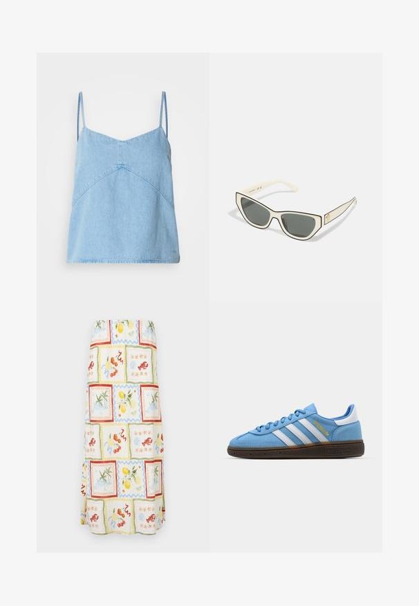 Gaiši zila džinsa tops ar plānām siksnām, V veida kakla izgriezumu un ģeometrisku šuvju apdari. Mīksta tekstūra un nedaudz brīvāka piegriezuma.; Maxi svārki ar vieglu audumu, kurā ir spilgts daudzkrāsains raksts, ieskaitot augļus un piekrastes ainas pasteļa krāsās un ar teksturētām akcentiem.; Gaiši zili zamšveidīgi sporta apavi ar baltām ādas strīpām, brūnu teksturētu zoli un zelta logotipu. Zema modeļa dizains ar noapaļotu purngalu.; Kaķa acs saulesbrilles ar off-white rāmjiem, tumši pelēkiem lēcām un melnu apdari. Iekļauj zelta logotipa detaļu uz tempļa. Matēta virsma.; Dzeltena ādas rokassoma ar gludu tekstūru, kas aprīkota ar sudraba detaļām, regulējamu siksnu un logo akcentu priekšpusē.