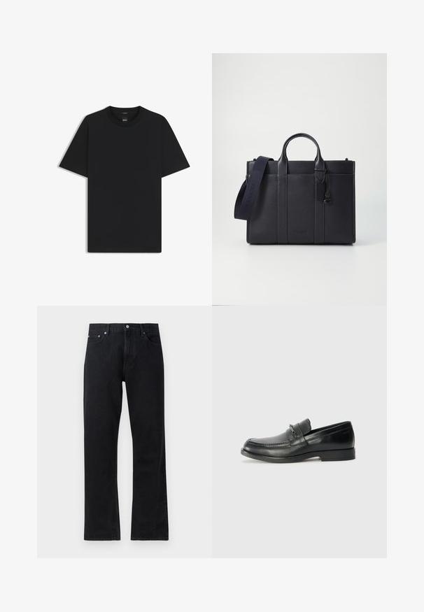 Black short-sleeve T-shirt made from a smooth cotton blend, featuring a crew neckline and a minimalistic design with no patterns or accents.; Black denim jeans with a straight-leg design, featuring a button closure, five-pocket style, and subtle stitching details.; Black leather loafers with a rounded toe, featuring a stitched design, a small front strap with hardware detailing, and a flat rubber sole.; Dark navy leather briefcase with dual top handles and a detachable strap. Features textured finish, vertical stitching, and logo detail.