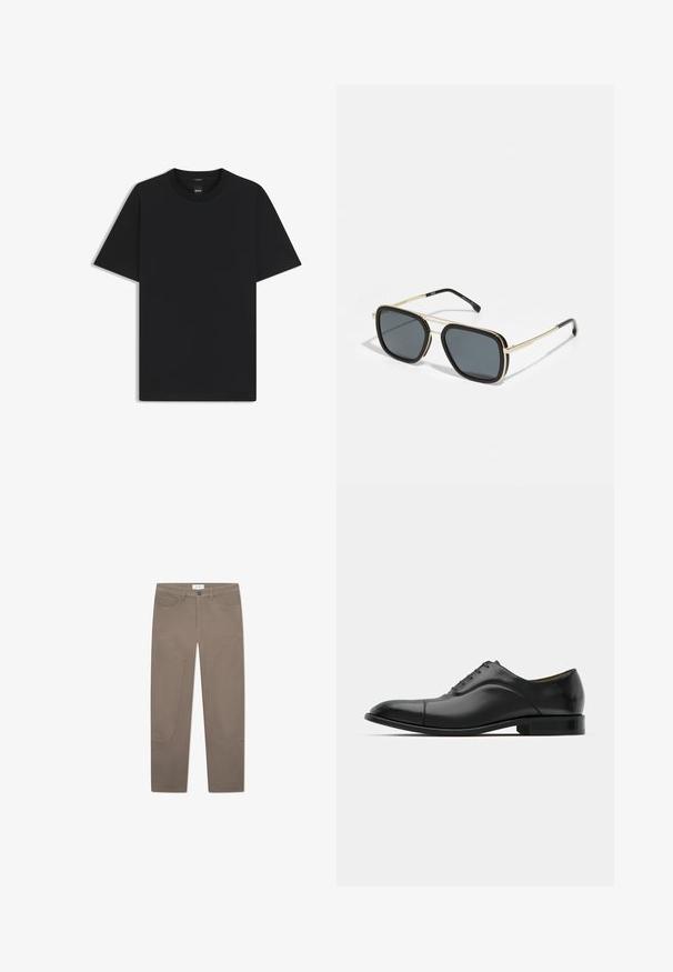 Schwarz T-Shirt mit kurzen Ärmeln aus einem glatten Baumwollmix, mit Rundhalsausschnitt und einem minimalistischen Design ohne Muster oder Akzente.; Braune Hose im geraden Schnitt, mit Fronttaschen und Akzentnähten an den Seiten für zusätzlichen Detailreichtum und Textur.; Schwarze Leder-Dress-Schuhe mit glatter Textur, runder Zehenform und fünf Ösen. Sie verfügen über einen niedrigen, gestapelten Absatz und dezente Nahtdetails.; Schwarze und goldene Sonnenbrille mit quadratischer Form, metallischem Rahmen, dunkelgrauen Gläsern und schwarzen Tempelspitzen. Verfügt über ein doppeltes Brückendesign.