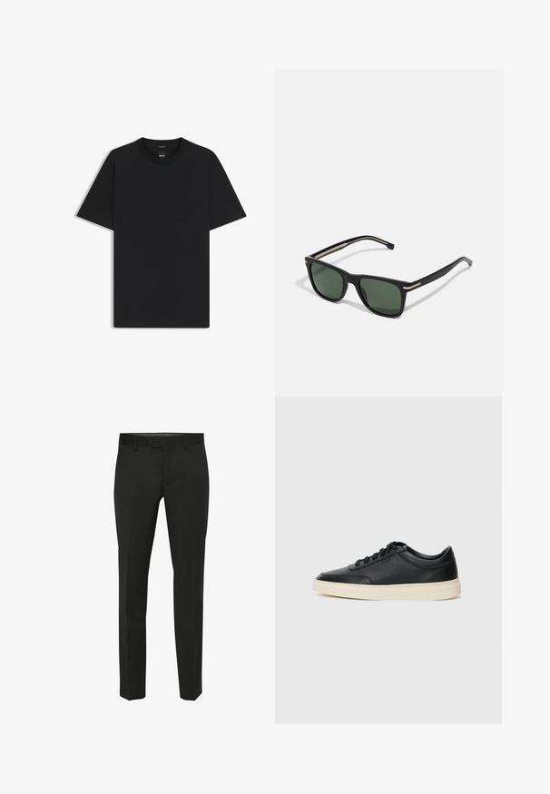 Czarny t-shirt krótki rękaw wykonany z gładkiej mieszanki bawełny, z okrągłym dekoltem i minimalistycznym designem bez wzorów czy akcentów.; Czarne spodnie o prostym kroju, gładkiej fakturze i płaskim przodzie. Posiadają pasek z kieszeniami oraz subtelne detale szwów.; Czarne niskie skórzane sneakersy z czarnymi sznurówkami i off-white podeszwą, prezentowane w profilu bocznym na białym tle.; BOSS Okulary przeciwsłoneczne