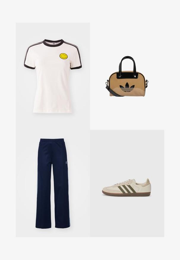 T-shirt branca de algodão com gola canelada preta, mangas curtas, detalhes em riscas pretas e um rosto sorridente amarelo bordado no peito.; Calças de fato de treino em mistura de algodão azul marinho, com um design de perna larga, cintura elástica e bolsos com fecho, apresentando riscas laterais brancas e detalhe de logótipo.; adidas Originals SAMBA OG UNISEX - Sapatilhas - alumina/medium dark khaki/gum; Bolsa bege com detalhes em couro envernizado preto, forma arredondada, alças duplas e um logotipo preto em relevo na parte da frente.
